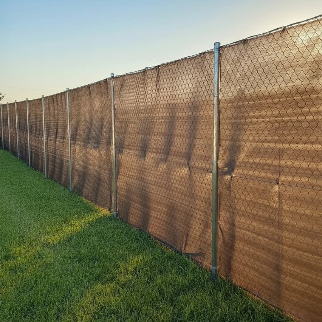 Malla de ocultación HDPE leno instalada en vallado perimetral — fabricante Textil Villa de Pego
