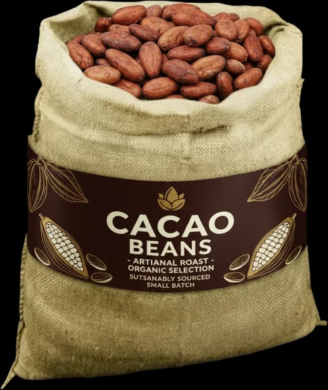 Saco de yute sintético lleno de cacao en grano con acabado fibroso tipo arpillera — Textil Villa de Pego